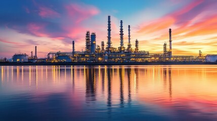 Naklejka premium Refined Sunset: Oil Refinery's Peaceful Reflection