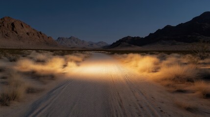 Fototapeta premium Desert road illuminated by headlights at twilight