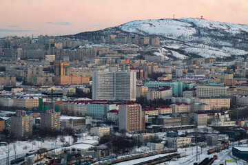 Cityscape of polar Murmansk on a March evening