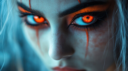 Creepy girl with Halloween makeup featuring striking orange eyes and dramatic facial details, creating haunting yet captivating look. intense expression adds to eerie atmosphere