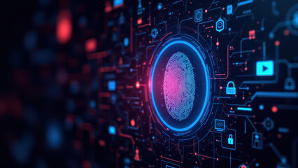 Obraz premium Cybersecurity digital graphic featuring a fingerprint lock on a glowing background with network connections and icons of security.