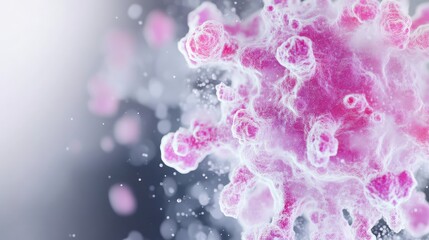 Viral Particle Microscopic Particles Abstract Style High Resolution Close-up View Intricate Texture Dispersing Grey Background Soft Pink Hues Medical Illustration