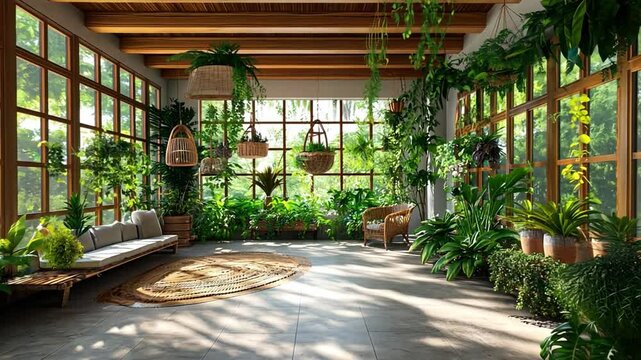 A calming and tranquil indoor garden space with hanging plants and natural wood elements.
