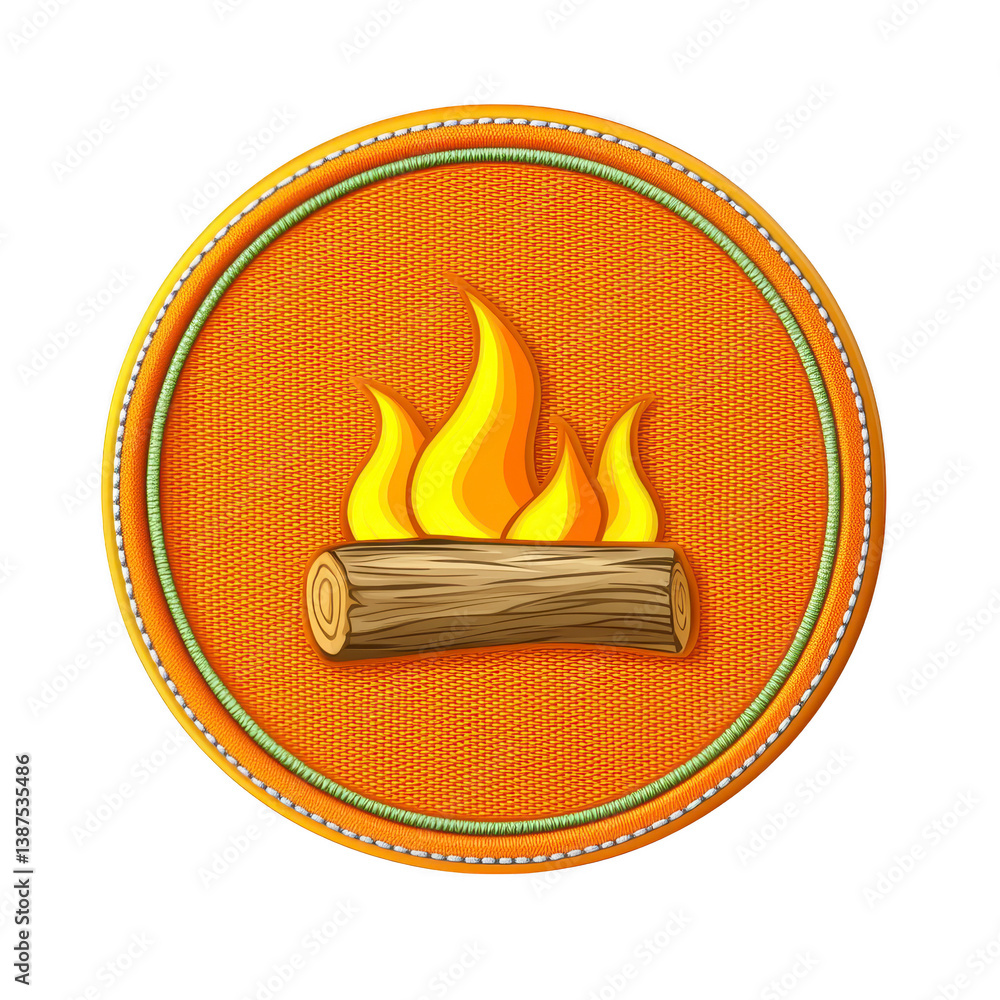 Poster a this features embroidered patch with campfire design, showcasing log with flames on orange circula