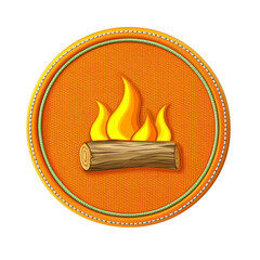 A This features embroidered patch with campfire design, showcasing log with flames on orange circular background. patch has stitched border, giving it crafted appearance