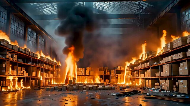 Warehouse on fire with thick smoke and flames consuming shelves and packages