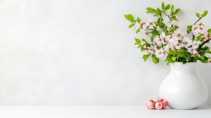 Fototapeta premium A white vase with delicate pink cherry blossoms on a minimalist white surface, and soft lighting creating a serene and elegant composition.