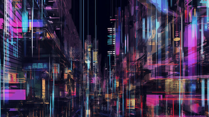 Fototapeta premium Arrière-plan d'immeuble urbain, d'une ville en glitch. Image buguée. Pixel, data, erreur technologique. Pour conception et création graphique. 