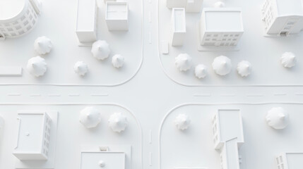 Minimalist cityscape model, featuring white buildings, trees, and roads, creating serene and modern urban environment