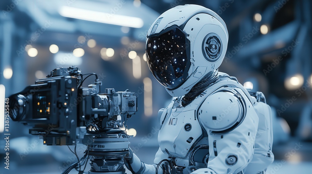 Poster a visionary robot director commands attention as they lead a diverse crew in the creation of a sci-f