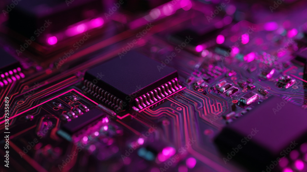 Poster a close up view of a circuit board with chips and pink lighting highlighting the circuitry