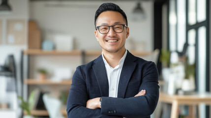 Smiling Asian entrepreneur with glasses stands confidently in a modern office setting.