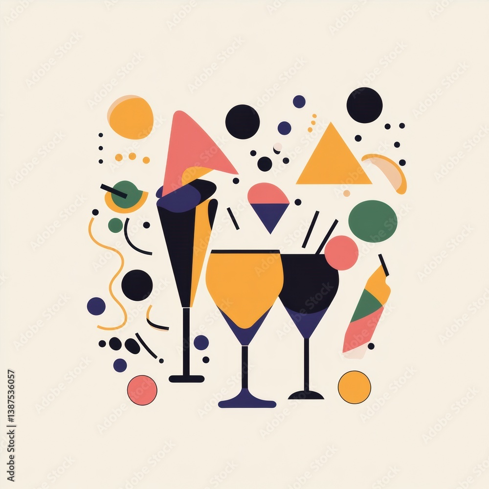Poster modern party-themed logo featuring abstract celebratory icons and minimalistic typography against a 