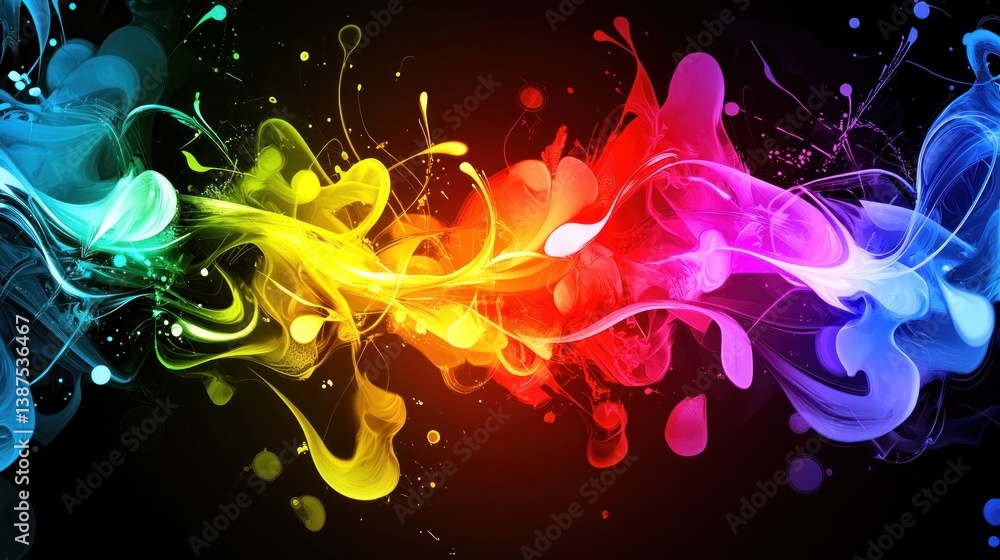 Poster rainbow ink splatter abstract art: vibrant colors swirl in a dynamic composition