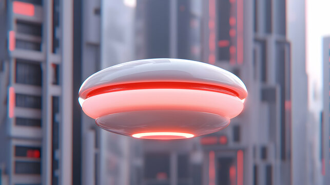 Futuristic White Flying Car Over Cityscape