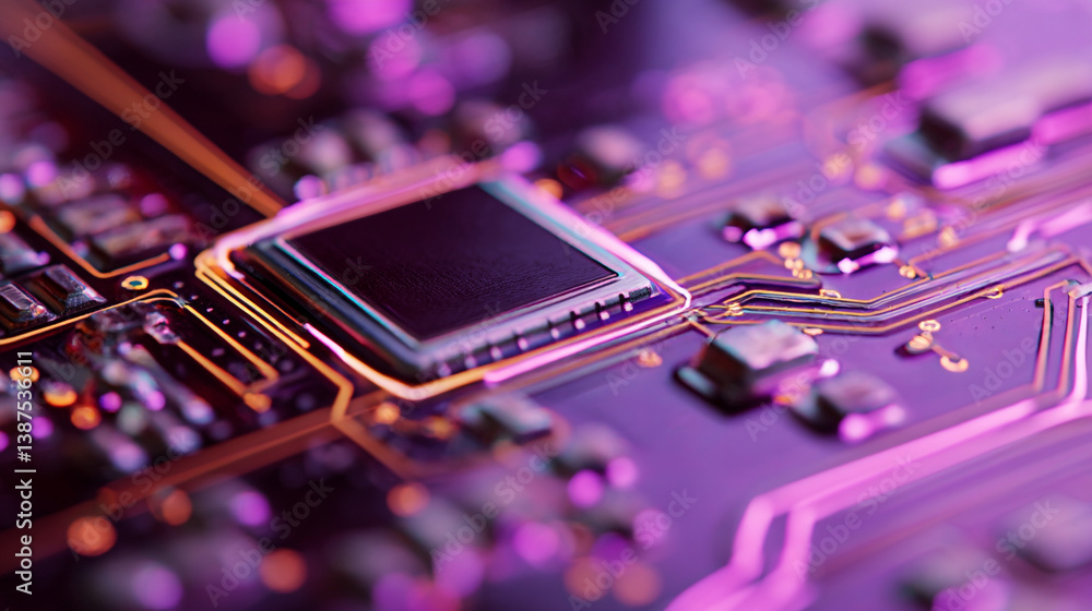 Poster close up of a computer chip on a circuit board with purple and orange lighting and blurred backgroun