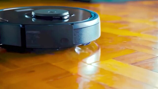Cinematic 4K footage of a robotic vacuum cleaning a hardwood floor, showcasing smart home technology, automation, and effortless modern cleaning in action