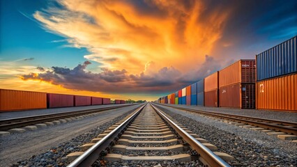 Industrial railway tracks at sunset with shipping containers. Created with Ai
