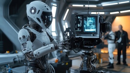An accomplished robot director skillfully leads a diverse film crew, shooting a sci-fi epic with astronauts on a stunning futuristic set
