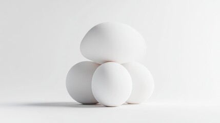 Three white eggs are stacked, forming a pyramid on a white background. The image is clean and minimalist, with soft lighting. The high-quality photo features a bright, even tone, conveying purity an