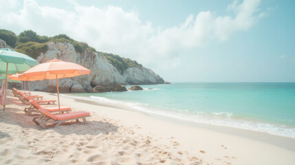 Fototapeta premium serene beach scene featuring colorful umbrellas and lounge chairs along sandy shore, with gentle waves lapping at coast