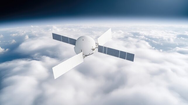 A white spherical satellite with four extending panels orbits Earth. It is shown above a fluffy cloud layer, with a dark blue sky and Earths curvature visible in the distance. The image is high-resolu
