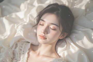 Serene Asian Woman Sleeping Peacefully in Bed with Soft Light, Minimalist Beauty, Relaxation, Dreamy Portrait