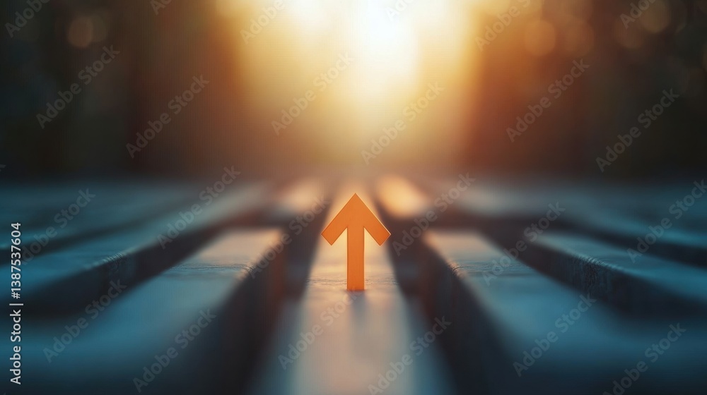 Poster an upward arrow rests on a textured surface, with warm sunlight glowing in the background, creating 