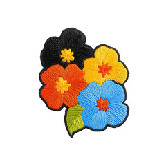 Obraz premium A Colorful embroidered flowers with vibrant petals and green leaf create cheerful design. intricate stitching highlights texture and detail of each flower, adding handmade charm