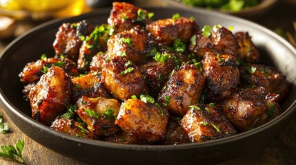 Fototapeta premium Crispy, flavorful cubes of seasoned meat