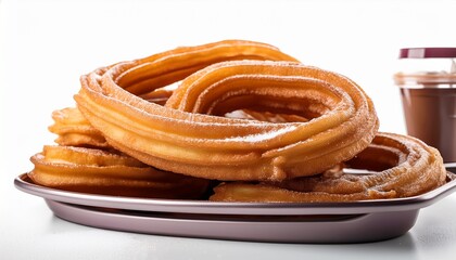 Crispy Churros Coated in Cinnamon Sugar with Chocolate Dipping Sauce &ndash; Isolated on White Background