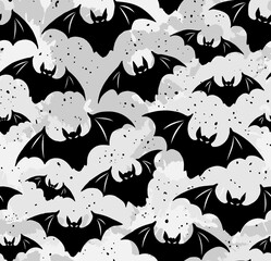 Halloween pattern with bats. Pattern of black bats on a gray background in grunge style. Drawn with brush strokes, splashes, blots.