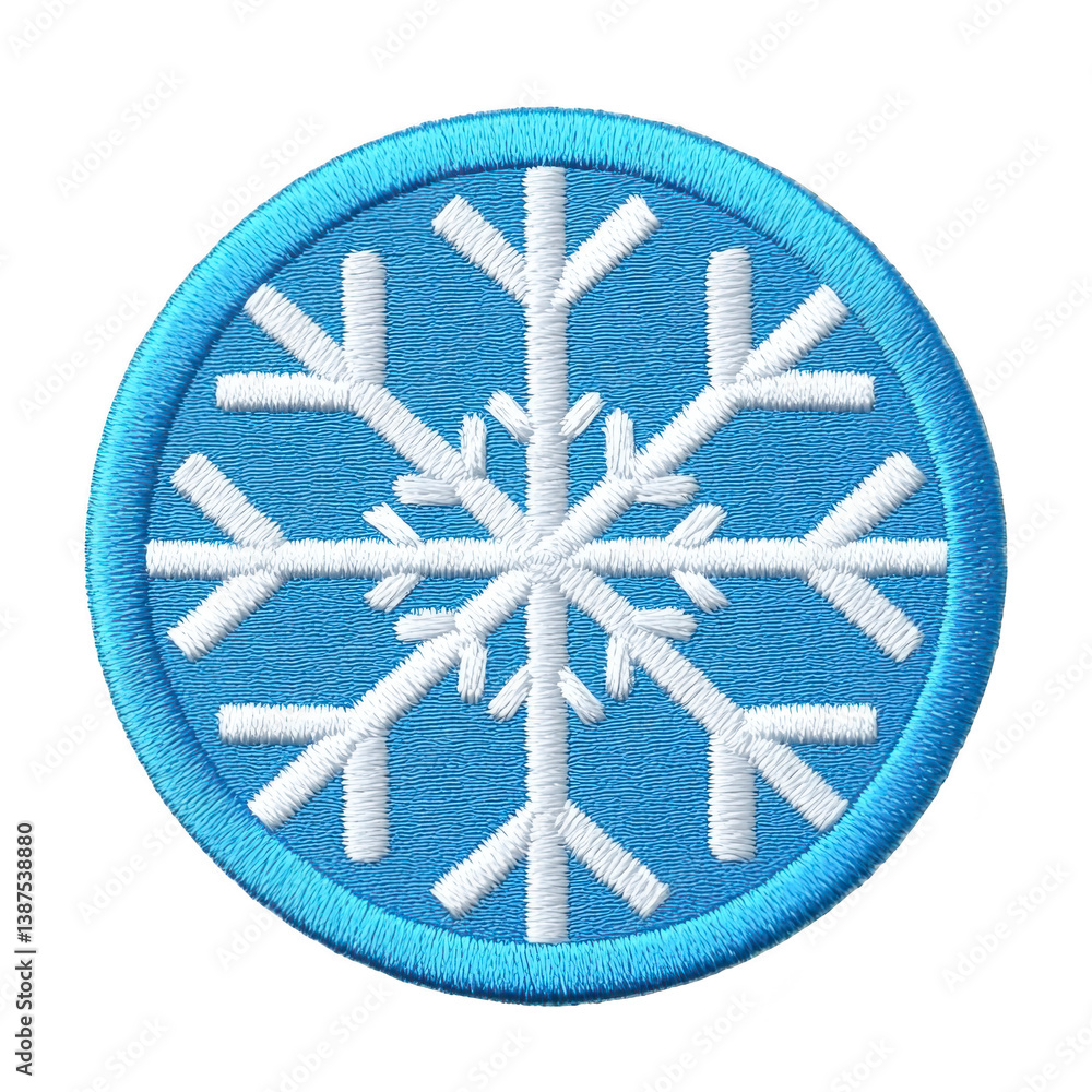 Poster a round embroidered patch features white snowflake design on light blue background, symbolizing wint