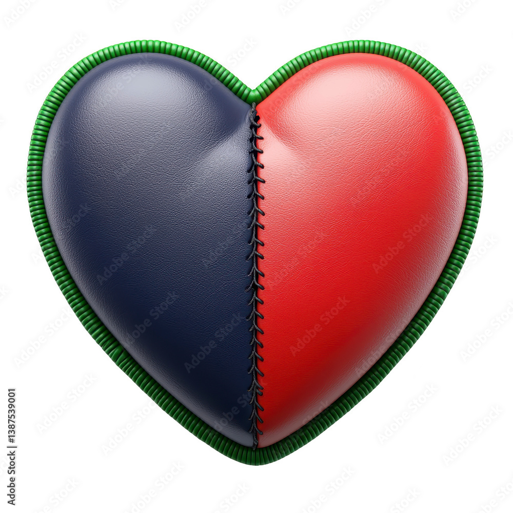 Poster a heart shaped object with unique design features split color scheme of blue and red, stitched toget