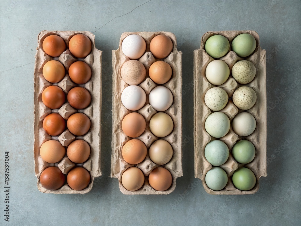 Poster three cartons of brown eggs with varying shades of color in each carton.