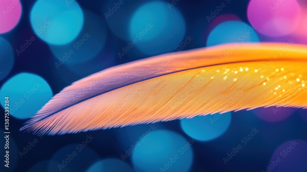 Poster a delicate feather showcases vivid colors and intricate details, set against a soft bokeh backdrop f