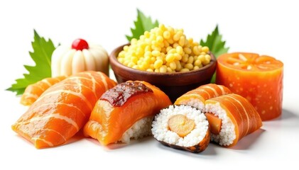 Variety of japanese snacks, isolated white background, side dish, healthy food, dumplings