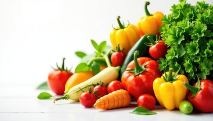 Variety of organic fruits & vegetables on white, fruit, overhead