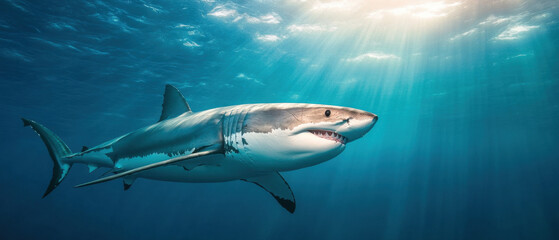 Fototapeta premium photorealistic great white shark swimming gracefully in ocean, illuminated by sunlight filtering through water surface, evokes sense of awe and wonder