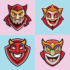 Collection of Four Unique and Fierce Cartoon Masks for Team Logos or Game Characters