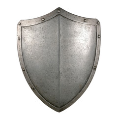 A medieval style metal shield with weathered surface and riveted edges, evoking sense of historical protection and strength. shield simple yet sturdy design is iconic