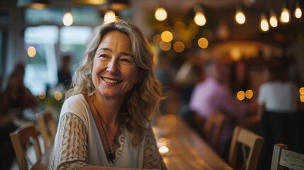 Obraz premium Middle-aged woman laughing joyfully with friends during a cozy evening dinner, surrounded by warmth and genuine connection