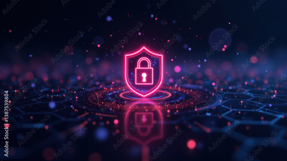 Poster cybersecurity alert graphic with lock symbol, digital network pattern background, and glowing effect
