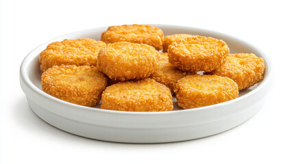 Crispy, golden chicken nuggets arranged neatly on white plate, showcasing their appetizing texture and inviting appearance