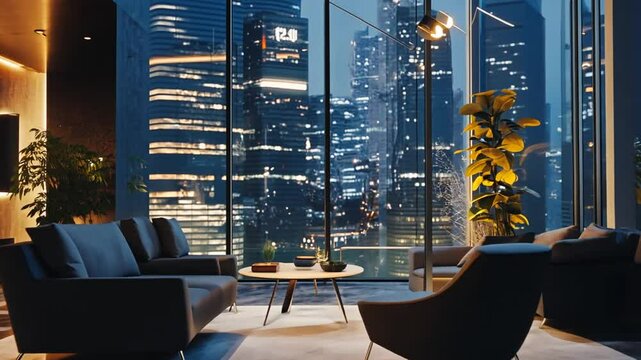 Luxurious modern living room with city skyline view through large windows at night.