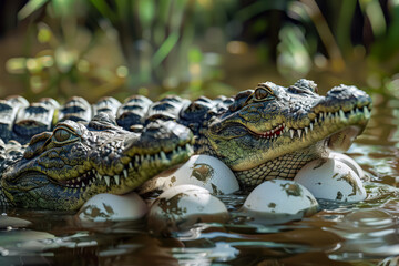 Obraz premium Two baby crocodiles are laying on top of a pile of eggs