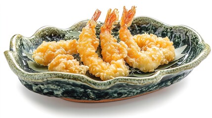 A gourmet tempura dish served on a handcrafted ceramic plate.