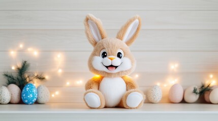 Cute stuffed Easter bunny sits on shelf, surrounded by pastel eggs and fairy lights