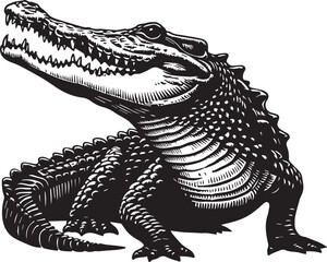 Crocodile Vector Art in Black and White – Detailed Reptile Graphic Design	
