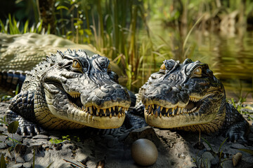 Fototapeta premium Two baby alligators are laying on the ground next to each other